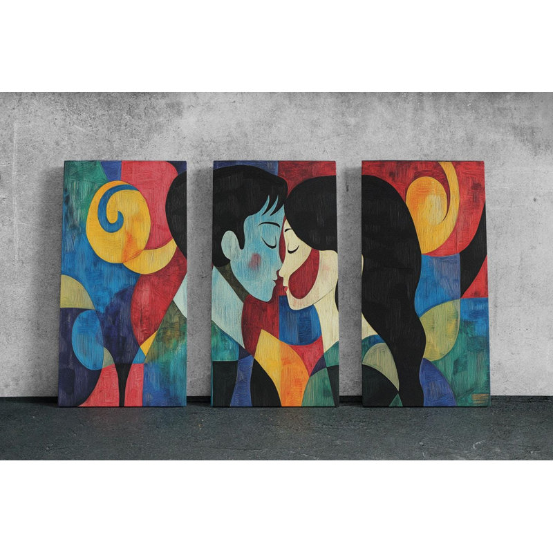 Triptych Canvas Wall Art – Geometric Kiss Triptych Wall Art Set - Colorful Abstract Canvas for Romantic Home Decor - Vibrant Love Artwork