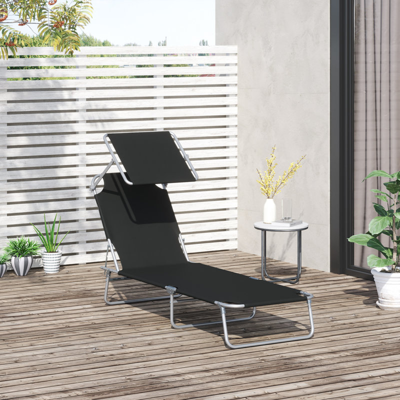 Outdoor Pool Chaise Lounge Chair, Folding Tanning Chair With Sun Shade, Black, Black