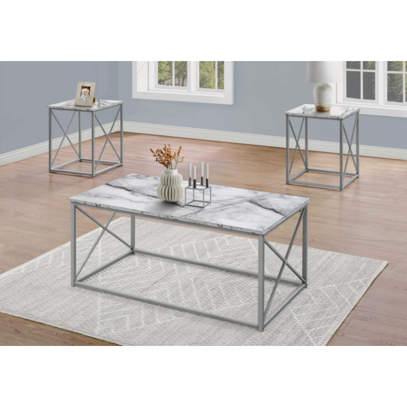 Table Set, 3Pcs Set, Coffee, End, Side, Accent, Living Room, Black Marble Look Laminate, Metal, Contemporary, Modern, White