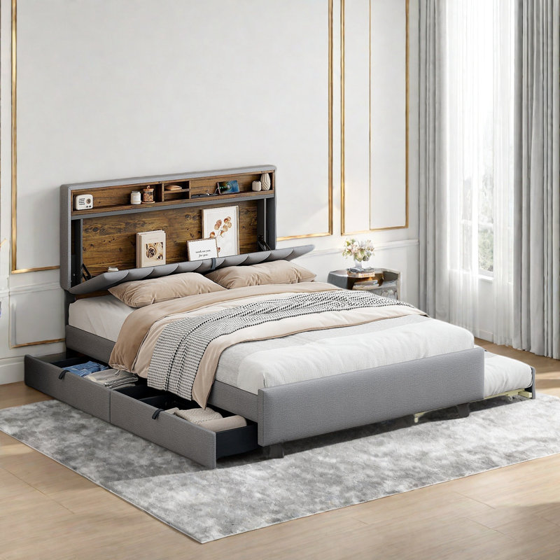 Lit plateforme tapissier avec tête de lit, lit gigogne, 2 tiroirs, prises et ports USB, Gris