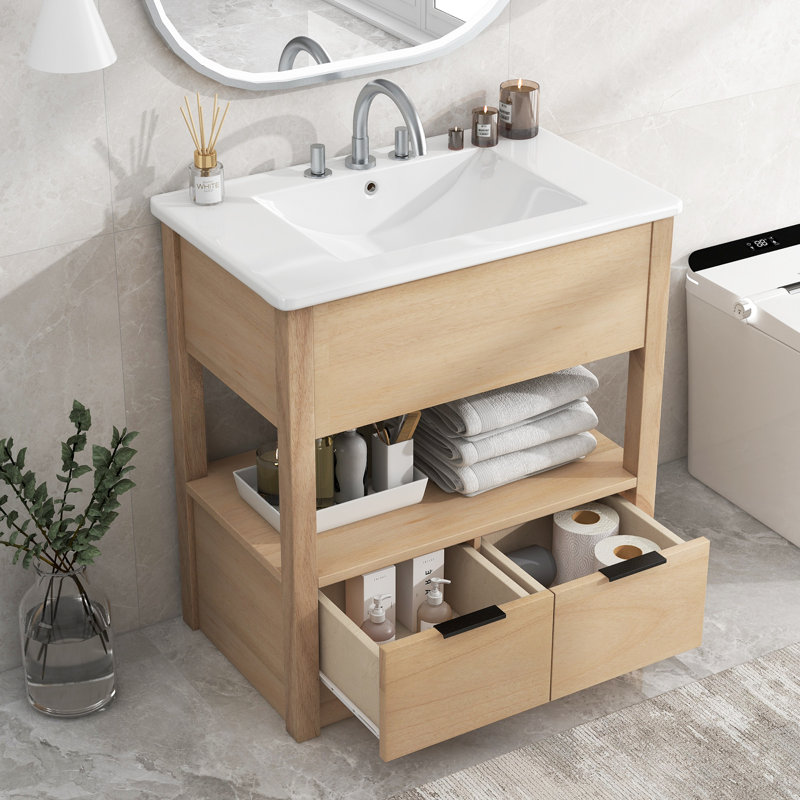 Bathroom Vanity with Sink Top, Open Storage Shelf, and Two Drawers, Beige, Black
