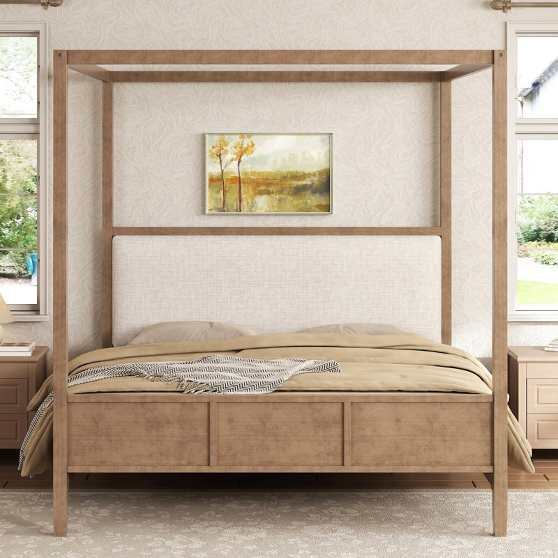 Très grand lit plateforme à baldaquin en bois avec tête de lit tapissier, sans sommier tapissier, noyer naturel