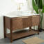 Meuble-lavabo autoportant moderne de 48 po avec lavabo vasque en marbre, plateau en pierre frittée Carrara et portes en bois cannelé, rangement à fermeture en douceur, noyer foncé