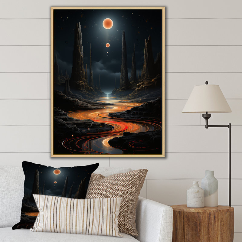 Bleu, orange, pleine lune, montagne - impression, Cadre naturel flottant, H 40 po x l 30 po x P 1,5 po