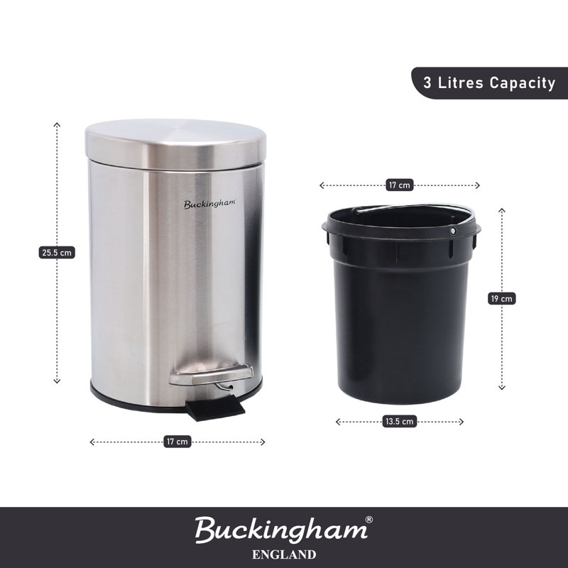 Buckingham Soft Closing Round Pedal Bin Stainless Steel, 3 Litres
