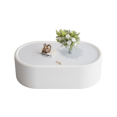 Table basse de rangement ovale cachée 33,46 po - Plateau en verre trempé certifié 3C et table basse de rangement rembourrée en cuir de qualité supérieure pour salon