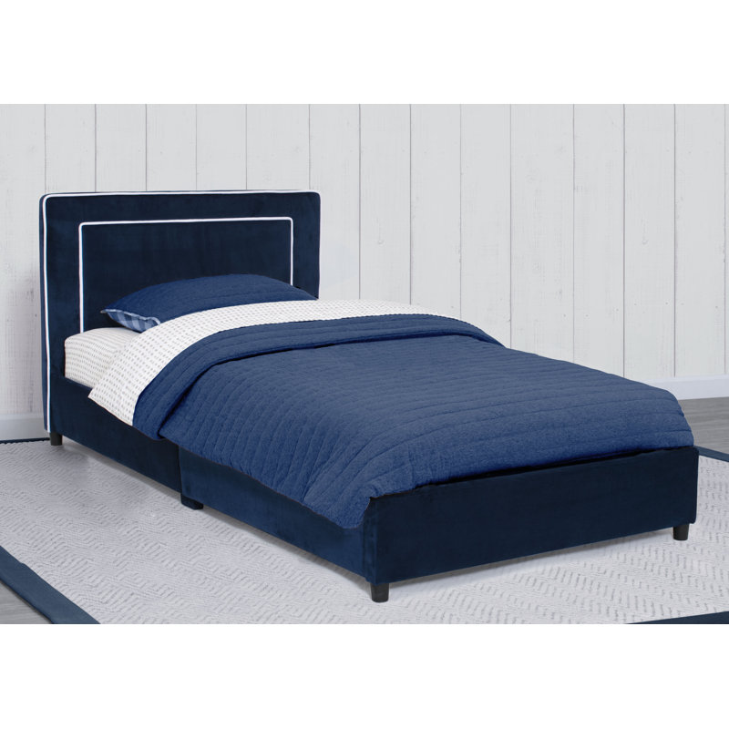 Blue Upholstered Twin Bed with Wood Frame and Headboard
