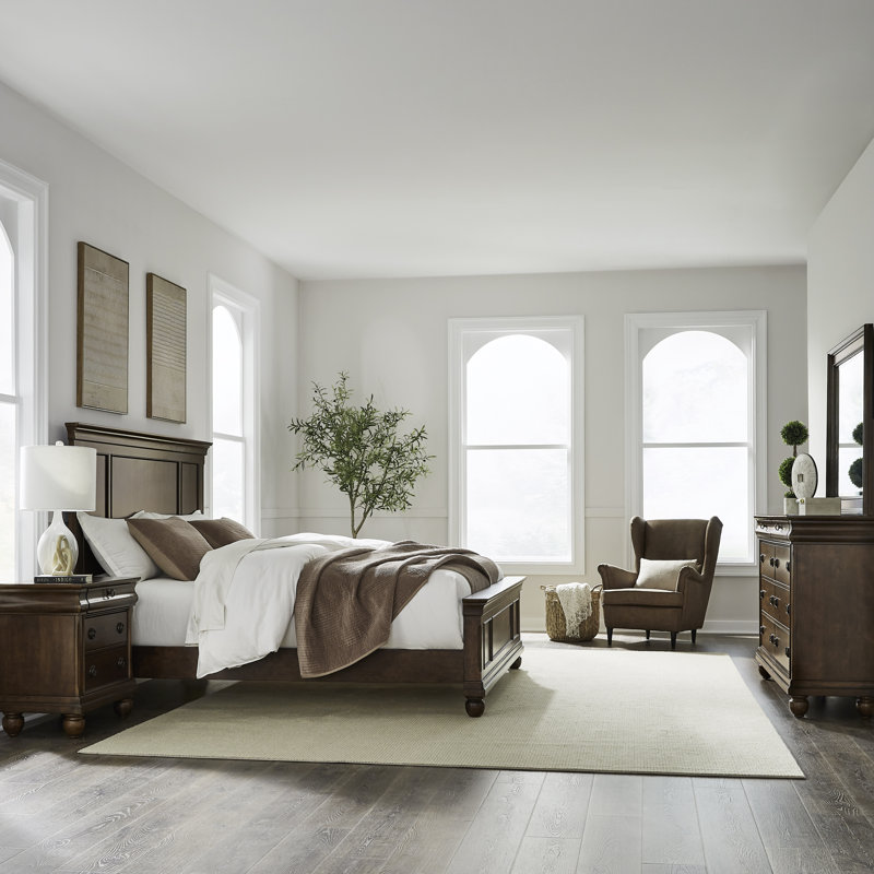 Lenny Panel Bed, Dresser & Mirror, Nightstand Bedroom Set, 4 Pieces: Bed, Nightstand, Dresser, Mirror, King