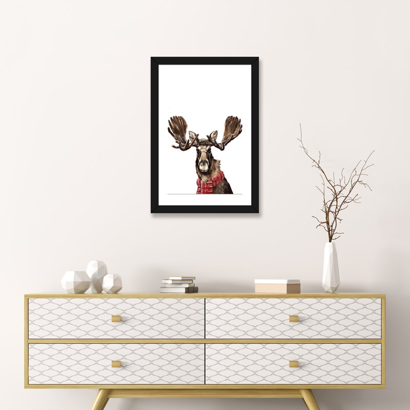 «Christmas Moose» par Big Nose Work - impression d'art graphique, Papier encadré noir, Blanc, H 24 po x l 16 po x P 1 po