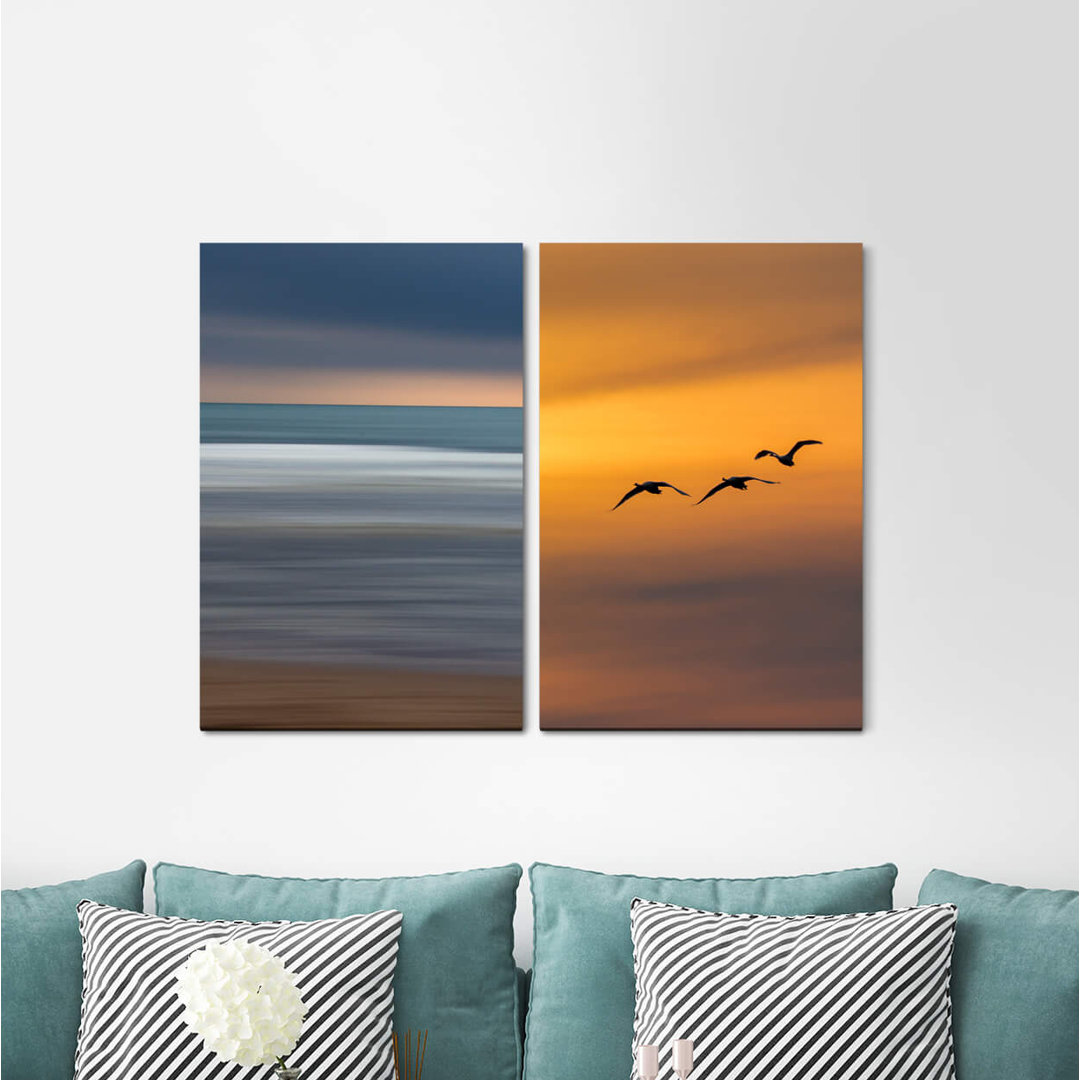 2-tlg. Leinwandbilder-Set - Grafikdruck „Horizon Birds Freedom Sea Far Away Peace”