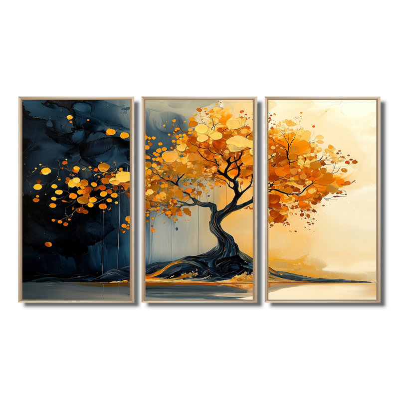 Or et cerisier bleu Silhouette II - ensemble de décoration murale cerisier en fleurs, Toile naturelle avec cadre flottant