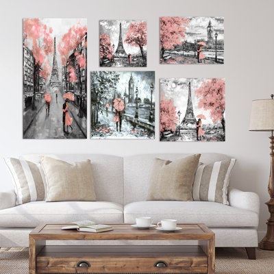 Ensemble de 5 panneaux de toiles traditionnels en rose paris collection london