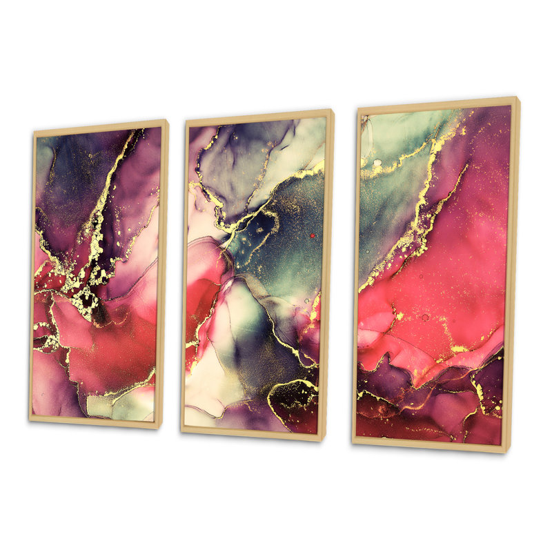 Red Luxury Abstract Fluid Art II - ensemble d'art moderne sur toile encadrée moderne de 3, H 28 po x l 36 po, Érable