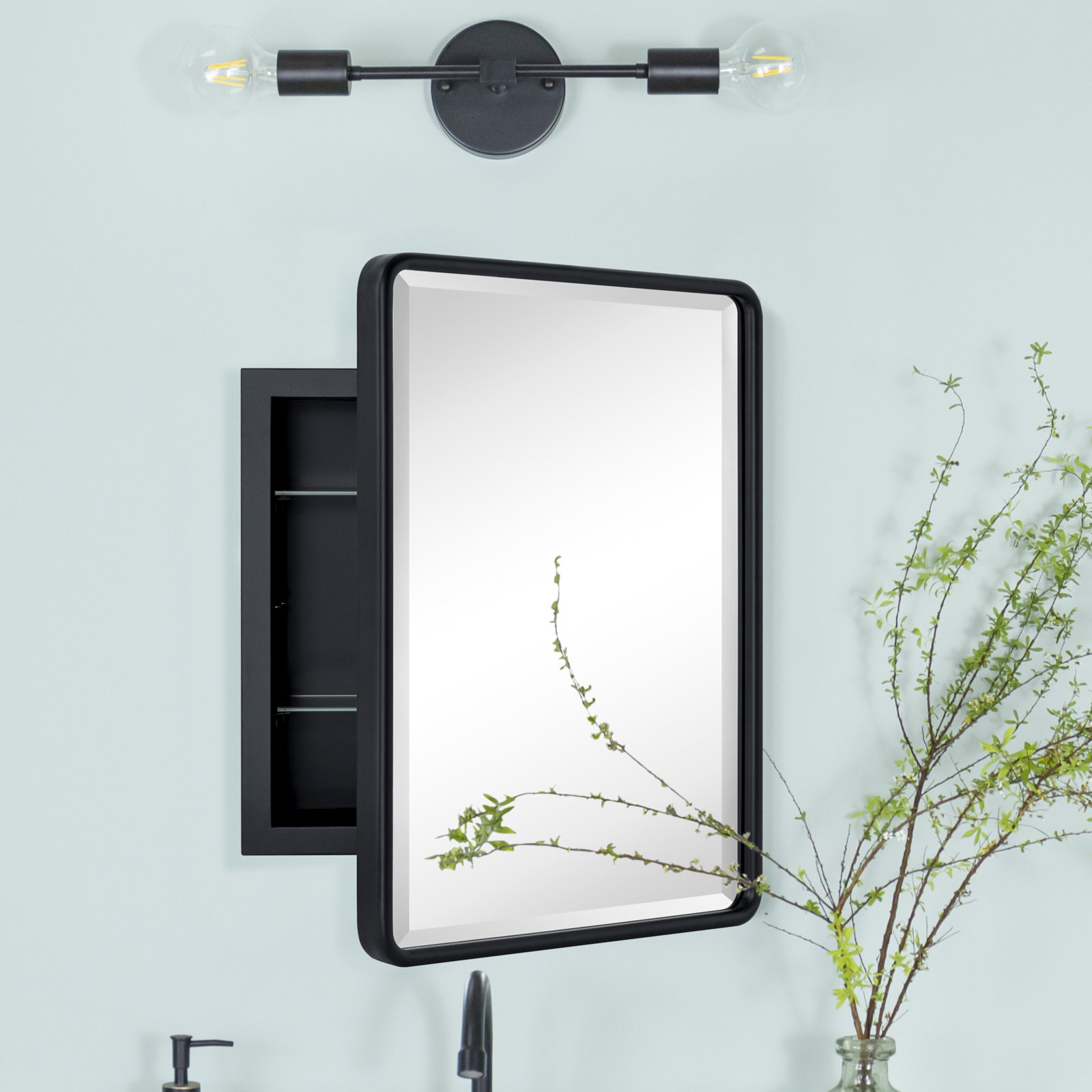 Farmhouse Recessed Metal Bathroom Medicine Cabinets with Mirror with Adjustable Tempered Glass Shelves, Black, 18" x 14"