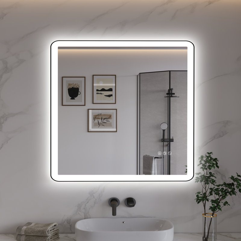 Miroir mural à DEL, Noir mat, Carrée, 38 po x 38 po 