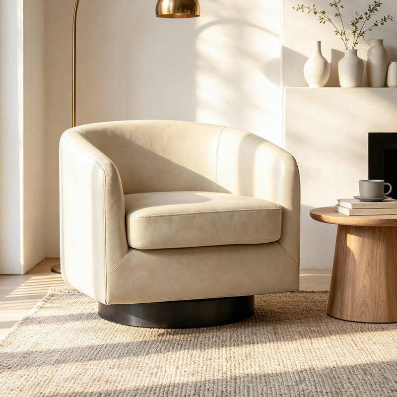 Fauteuil demi-tonneau pivotant en similicuir crème avec base en bois massif Applewold, Crème et similicuir