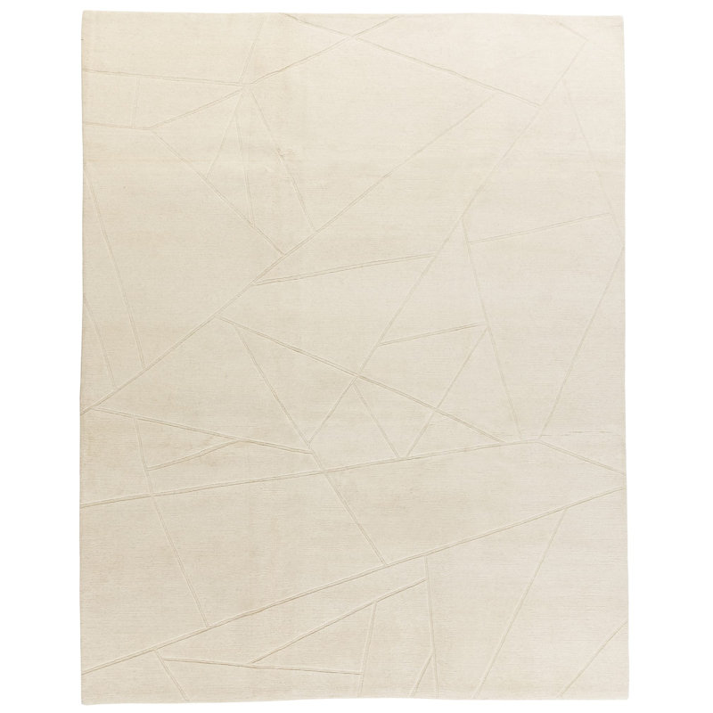 Fractal Hand Knotted Wool Geometric Area Rug in White, Rectangle 10' x 14'