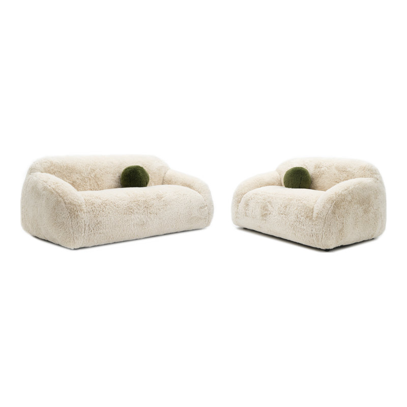 Ensemble de canapé en fausse fourrure 2 pièces avec coussin boule Leann, 2 pièces: canapé, causeuse, Beige
