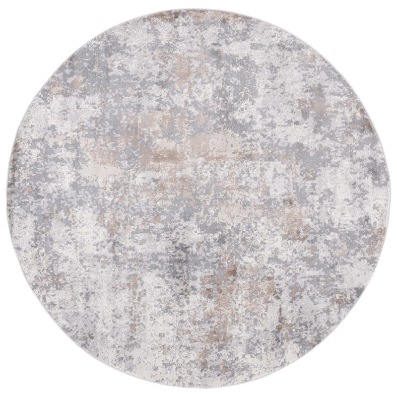 Tapis en polypropylène / polyester abstrait tissé à la machine en gris / beige, Rond 6 pi 7 po