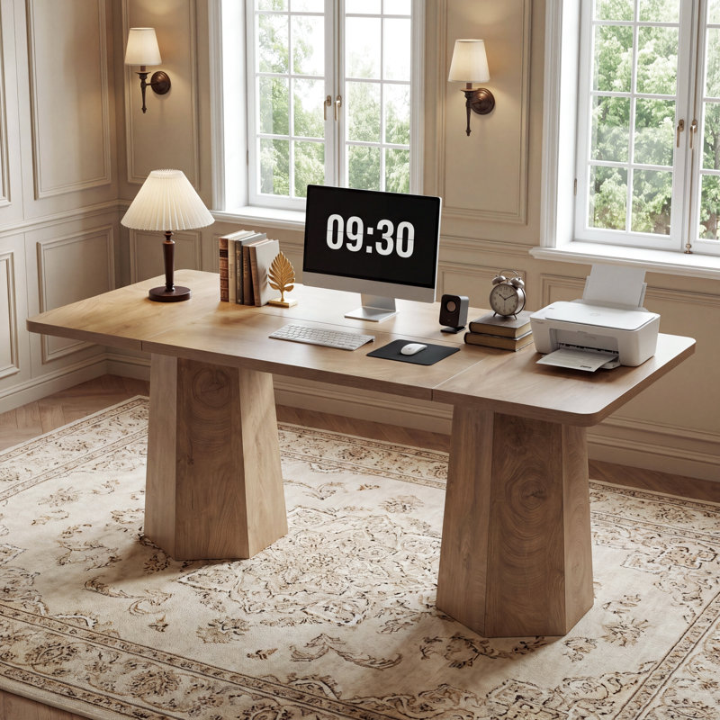 Bureau de direction rectangulaire de 159 cm avec piètement trapézoïdal, table de travail en bois pour bureau à domicile