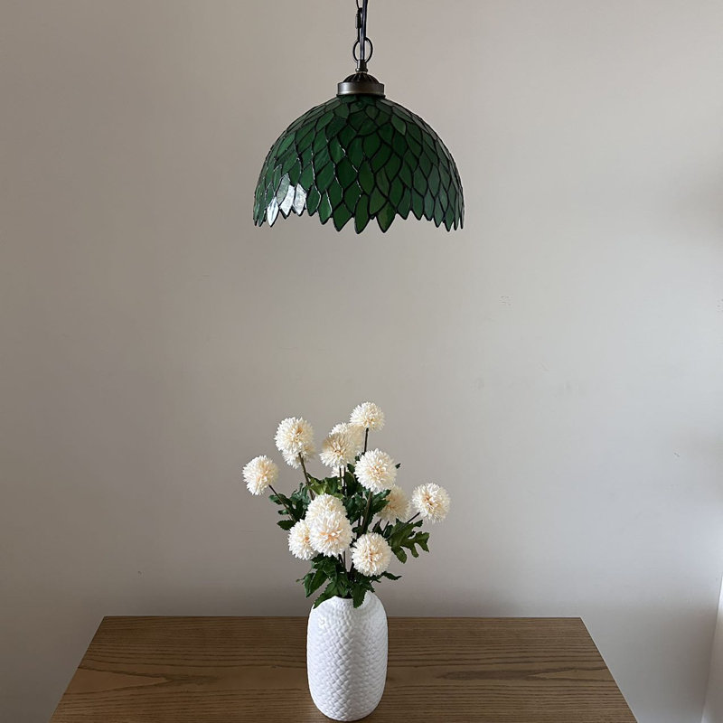 Green Stained Glass Leaves LED Pendant Light with Bronze Finish