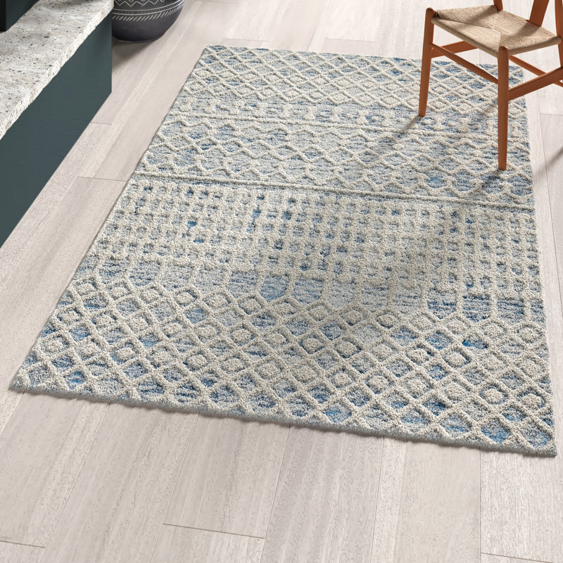 Tapis bleu / ivoire en laine tissé à plat à la main Jeannine, Rectangle 4 pi x 6 pi