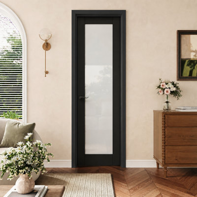 Porte prémontée noire 24 po x 80 po, 1 vantail, verre dépoli, charnières noires, vitrage opaque avec cadre noir, insonorisée et imperméable, idéale pour la buanderie, la salle de bain, la cuisine, les placards et les chambres, ouverture à droite.