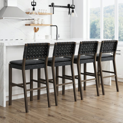 Tabouret de bar en suède tissé avec pieds en bois massif, ensemble de 4