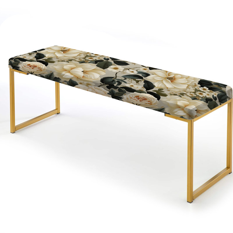Pink And Beige Antique Trellis II - Floral Upholstered Gold Bench