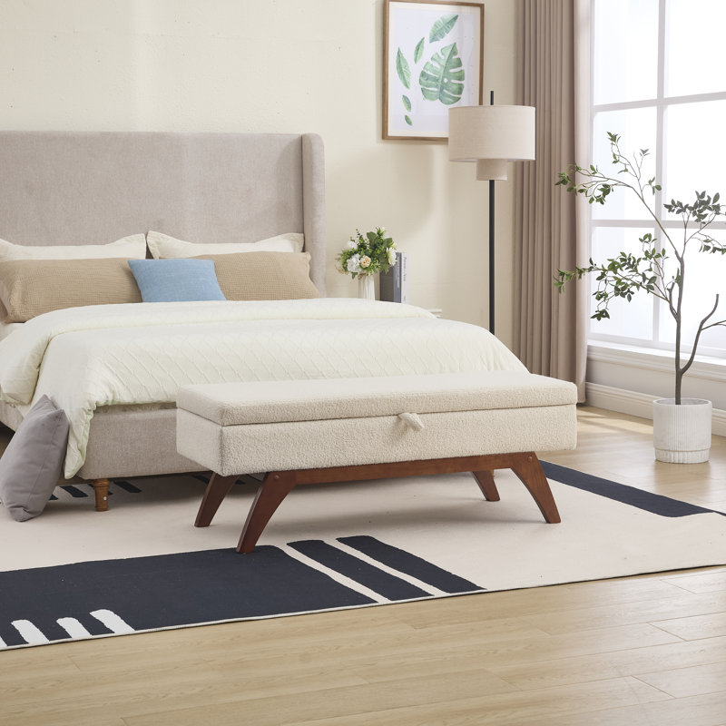 Teddy wool fabric, solid wood feet for solid weighing, and bed end stool with storage function, Beige