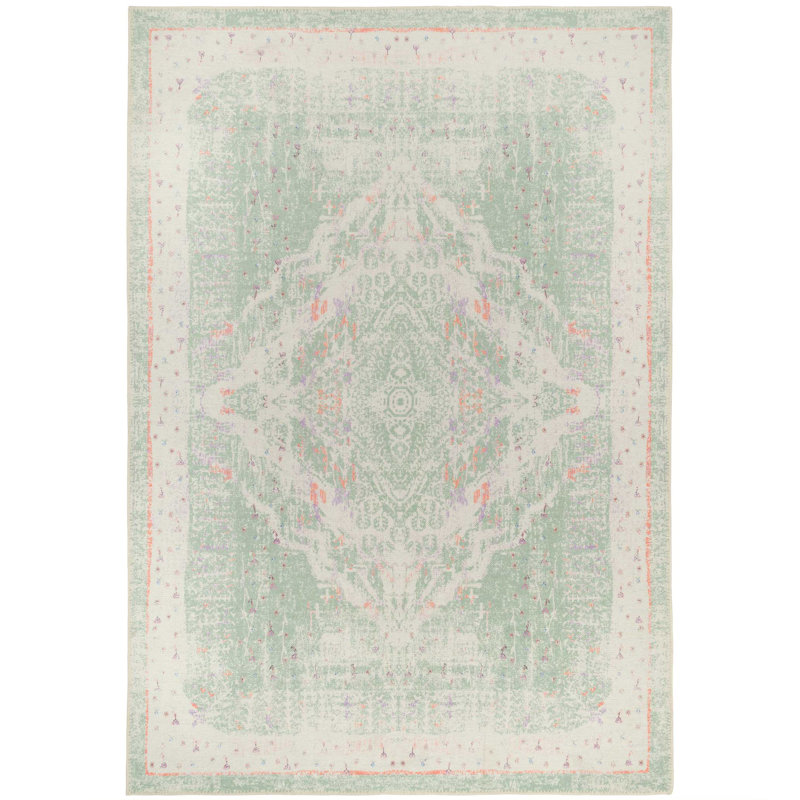 Machine Washable Pastel Green Traditional Medallion Distressed Living Room Area Rug, Rectangle 160 x 230cm