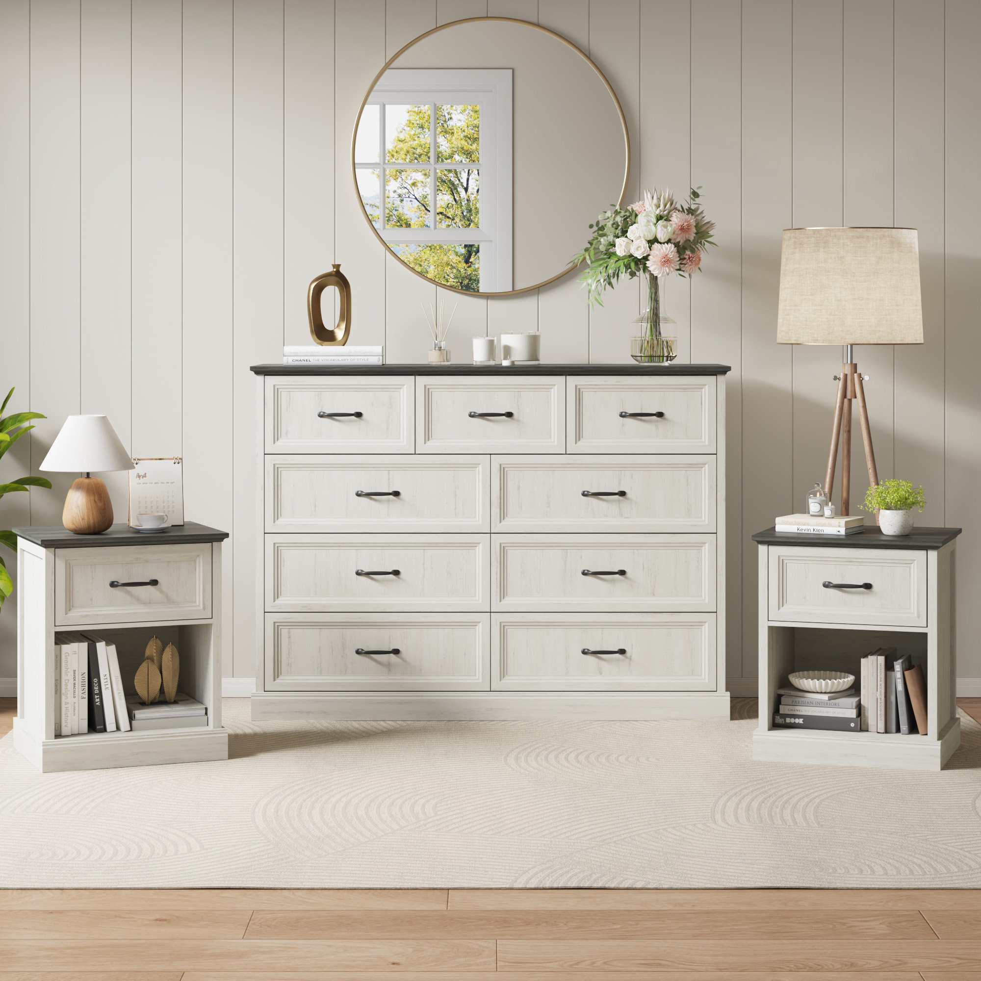 white dresser and nightstand set Stria White Fluted 6-Drawer Dresser & 2 Wide Nightstands Set