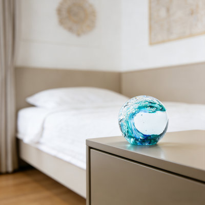 Hand-Blown Ocean Wave Crystal Ball Glass Collectible - Desktop Ornament, Glass Sphere, Office Decoration, Ocean Lover Accessory