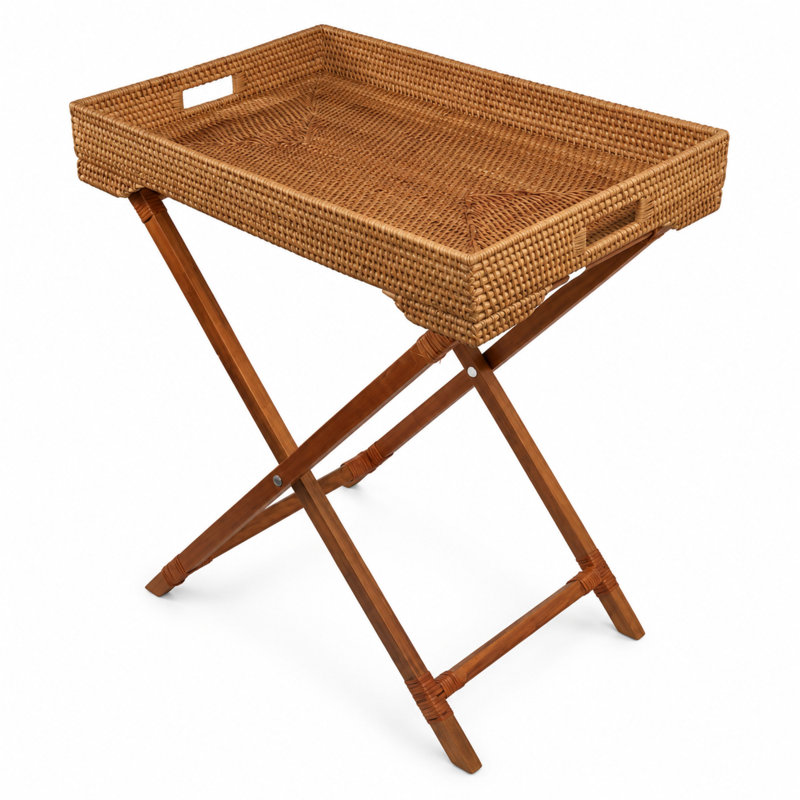 Flora Seagrass Foldable Tray Table with Wood Base, Natural Woven Indoor/Outdoor Accent Table