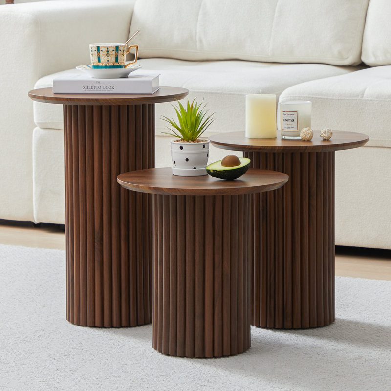 Ensemble de 3 tables basses gigognes rondes, Brun