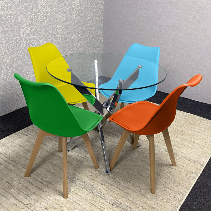 Round Glass Dining Table with Velvet Chairs - Dining Kitchen Room Furniture, Mix Color