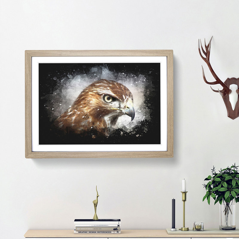 Hawk - Picture Frame Graphic Art Print, 62cm H x 87cm W x 2cm D, Oak Framed