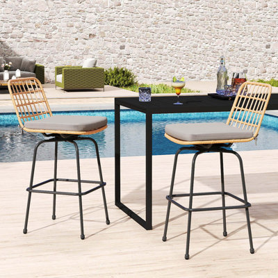 Patio 360° Swivel Bar Stools Set Of 2 With Backrests & Footrests Soft Seat Cushions