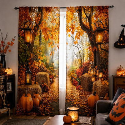 2 pièces automne automne chemin de forêt rideaux, lanternes pittoresques balles de foin citrouilles avec passe-tringle fenêtre rideaux pour salon chambre cuisine décor extérieur, action de grâce