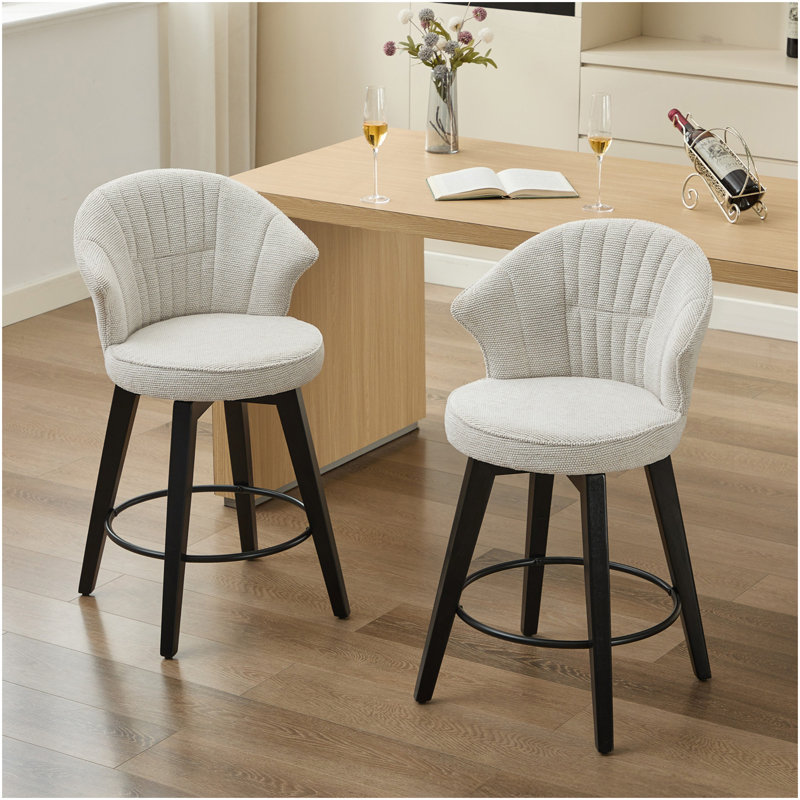 Ensemble de tabourets de bar pivotants à dossier 008 à oreilles de 2 à 25 po avec pieds en bois et revêtement en chenille, pieds de nivellement pour îlot de cuisine, pub ou salle à manger, blanc