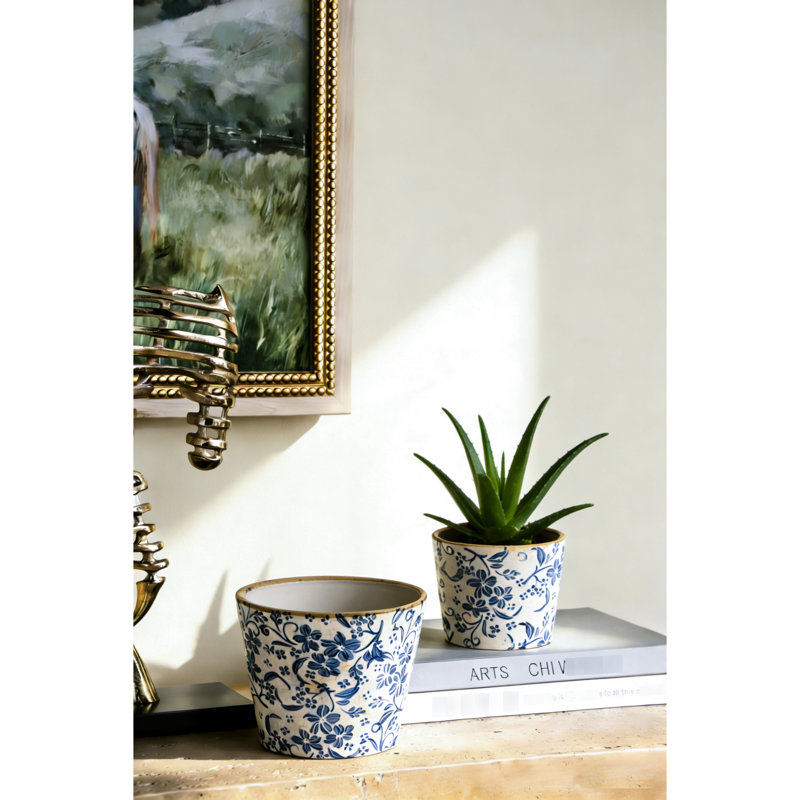 Jardinières florales bleues en céramique, 2 pièces, complément et thèmes éclectiques, 6,3 pouces de hauteur, blanc idéal pour la décoration intérieure, de deux, haute