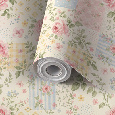 Peel and Stick Wallpaper Contact Paper Vintage Floral Patchwork Pink Roses Self Adhesive and Removable 24in x 118in(60x300cm)