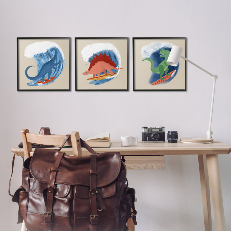 «Dinos Surfing Beach Waves», ensemble de 3 giclées par Carrie Cantwell, Giclée encadrée noir minuit, H 17 po x l 17 po