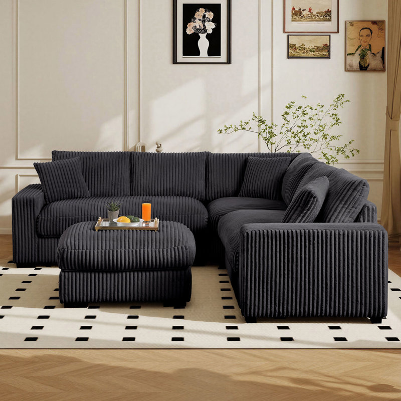 Clitheroe 98.7" Wide L-Shaped Corner Corduroy Modular Sectional Sofa With Multifunctional Ottoman, Gray Corduroy