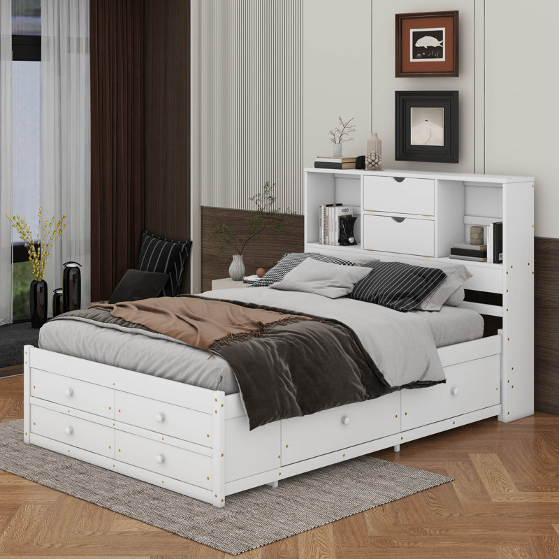 Lit plateforme avec tête de rangement et 8 tiroirs Billington, Grand lit, Blanc