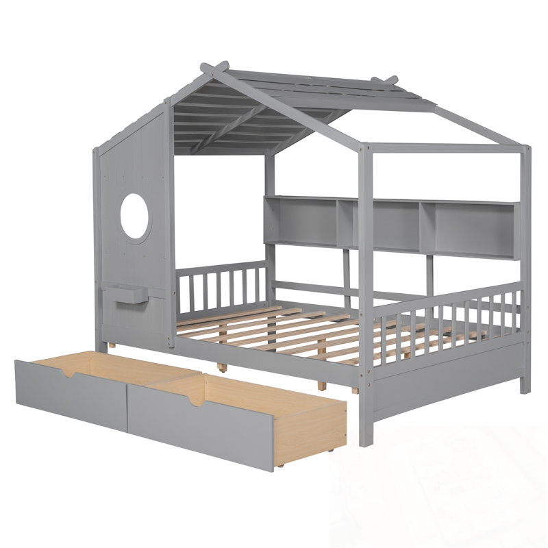 Lit double avec 2 tiroirs et tablette de rangement, Grey