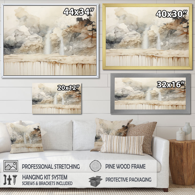 " Minimalism Geyser Landscape Tranquility ", 30" H x 40" W x 1.5" D, Gold Single Picture Framed