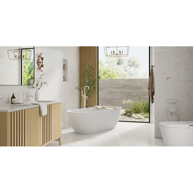 Badeloft 66.9" x 27.5" Freestanding Soaking Stone Resin Bathtub with Overflow and Drain BW-02-L-M in Matte White, Matte White
