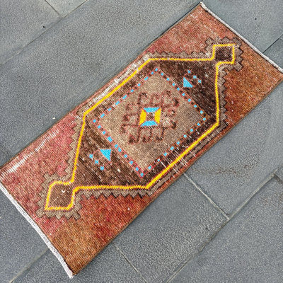 Handwoven Turkish Tribal Design Vintage Runner Rug in Warm Brown Tones for Bohemian Decor