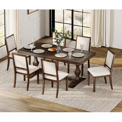 Farmhouse Dining Table Set, Rustic Solid Wood Dining Table With 6 Upholstered Chairs, Antique Traditional Dining Set With T-Shaped Carved Double Pedestal Legs For 6 People,Brown